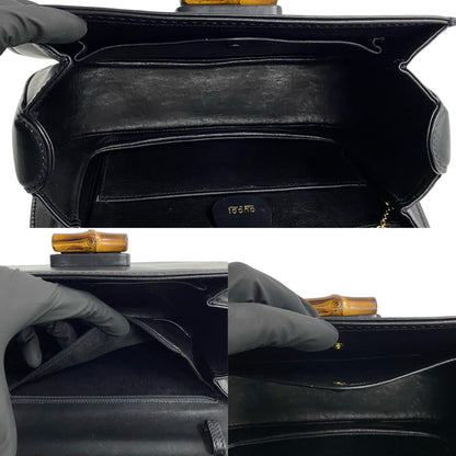 Gucci Shoulder Bag Bamboo, Leather Black Turn Lock Bamboo Women