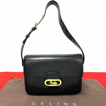 Celine Shoulder Bag Calfskin, Leather Black Logo Carriage Metal Women