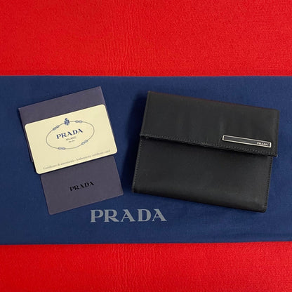 Prada Bifold Wallet Nylon, Leather Black Logo Metal Women