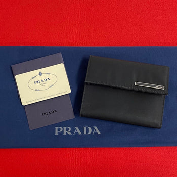 Prada Bifold Wallet Nylon, Leather Black Logo Metal Women