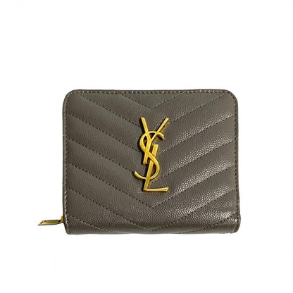 Saint Laurent Paris Bifold Wallet Leather Gray Ysl Logo Metal Round Zip Women