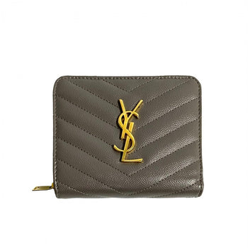 Saint Laurent Paris Bifold Wallet Leather Gray Ysl Logo Metal Round Zip Women