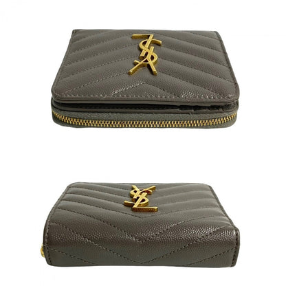 Saint Laurent Paris Bifold Wallet Leather Gray Ysl Logo Metal Round Zip Women