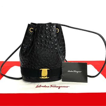 Salvatore Ferragamo Backpack Leather Black Vala Ribbon Metal Women