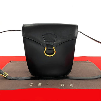 Celine Shoulder Bag Calfskin, Leather Black Gancini Logo Metal Women