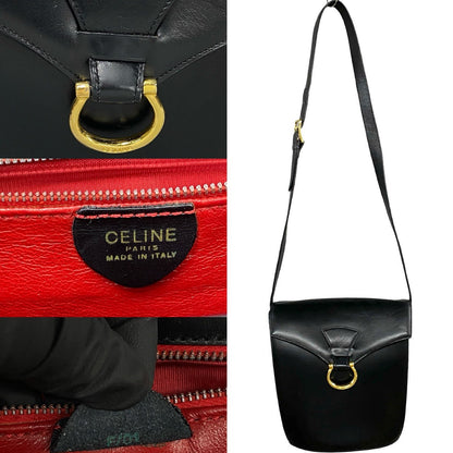 Celine Shoulder Bag Calfskin, Leather Black Gancini Logo Metal Women