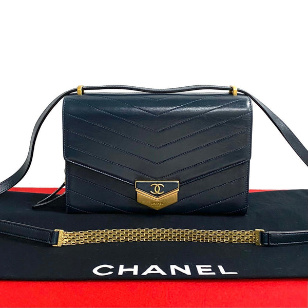Chanel Shoulder Bag Leather Navy Coco Mark Vstitch Women