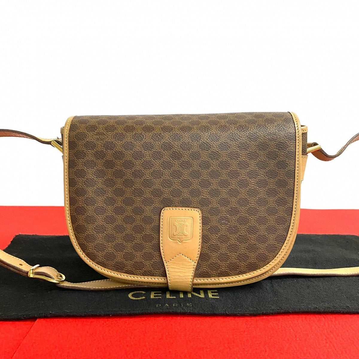 Celine Shoulder Bag Leather, Pvc Brown Macadam Blason Triomphe Pattern Women