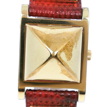 Hermes Watches Quartz Plated Gold , Leather Gold Medor White Dial Women