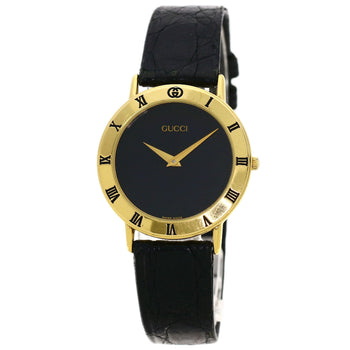 Gucci Watches Quartz 3000.2M Gold Plated, Leather Gold Round Face Black Dial Mens