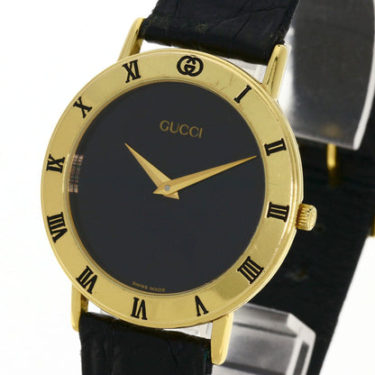 Gucci Watches Quartz 3000.2M Gold Plated, Leather Gold Round Face Black Dial Mens