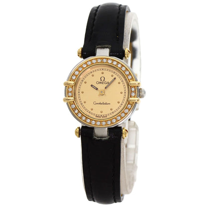 Omega Watches Quartz Stainless Steel, Leather Gold Constellation Flat Bezel Gold Dial Women