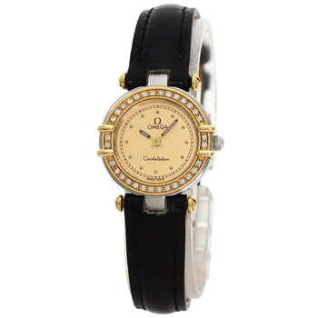 Omega Watches Quartz Stainless Steel, Leather Gold Constellation Flat Bezel Gold Dial Women
