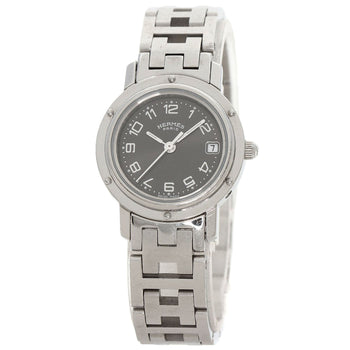 Hermes Watches Quartz Cl4.210 Stainless Steel , Stainless Steel Silver Clipper Black Dial Women