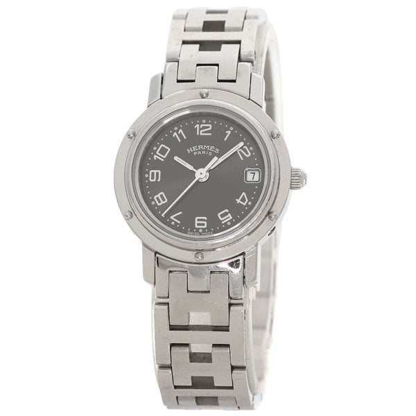 Hermes Watches Quartz Cl4.210 Stainless Steel , Stainless Steel Silver Clipper Black Dial Women