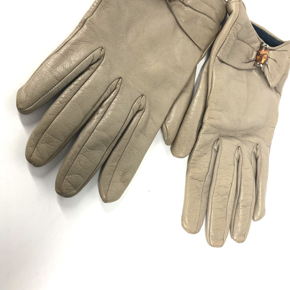 Gucci Gloves Leather Beige Ribbon Wood Bamboo Women 7