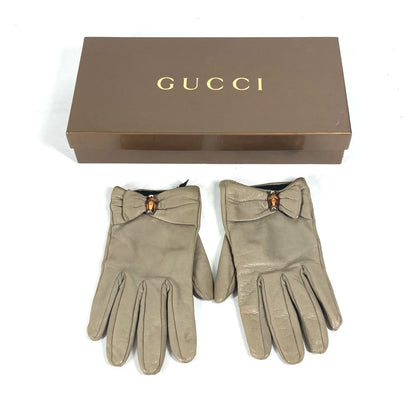 Gucci Gloves Leather Beige Ribbon Wood Bamboo Women 7