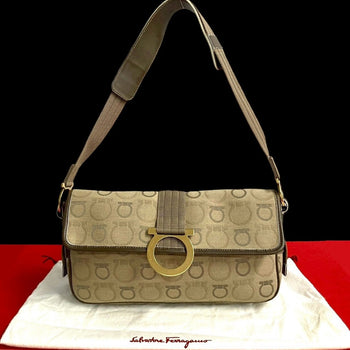 Salvatore Ferragamo Shoulder Bag Canvas, Leather Brown Gancini Metal All Over Pattern Women