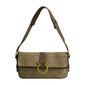 Salvatore Ferragamo Shoulder Bag Canvas, Leather Brown Gancini Metal All Over Pattern Women