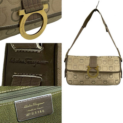Salvatore Ferragamo Shoulder Bag Canvas, Leather Brown Gancini Metal All Over Pattern Women