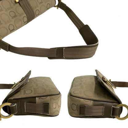 Salvatore Ferragamo Shoulder Bag Canvas, Leather Brown Gancini Metal All Over Pattern Women