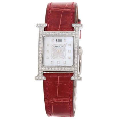 Hermes Watches Quartz Hh1.230 Stainless Steel, Leather Silver H Watch Bezel Diamond White Shell