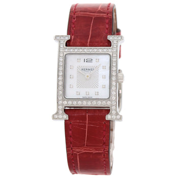 Hermes Watches Quartz Hh1.230 Stainless Steel, Leather Silver H Watch Bezel Diamond White Shell