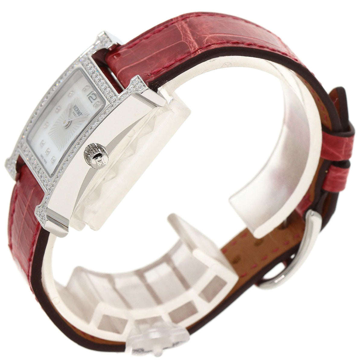 Hermes Watches Quartz Hh1.230 Stainless Steel, Leather Silver H Watch Bezel Diamond White Shell
