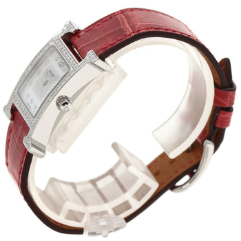Hermes Watches Quartz Hh1.230 Stainless Steel, Leather Silver H Watch Bezel Diamond White Shell