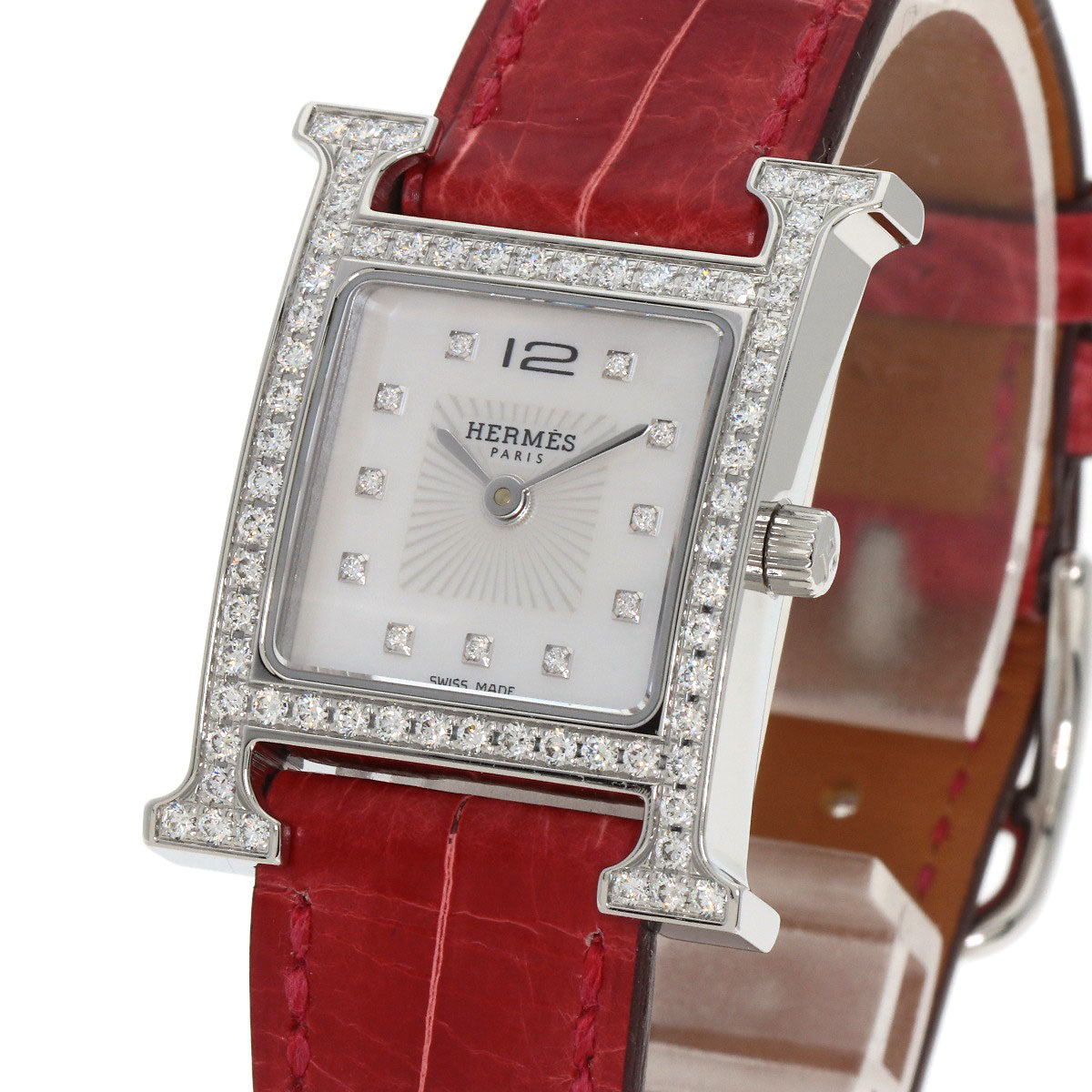 Hermes Watches Quartz Hh1.230 Stainless Steel, Leather Silver H Watch Bezel Diamond White Shell