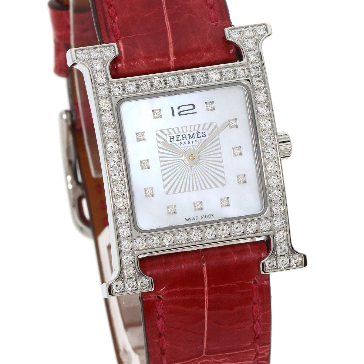 Hermes Watches Quartz Hh1.230 Stainless Steel, Leather Silver H Watch Bezel Diamond White Shell
