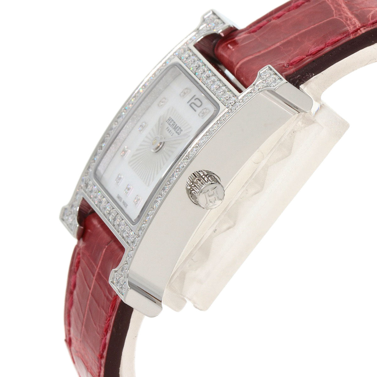 Hermes Watches Quartz Hh1.230 Stainless Steel, Leather Silver H Watch Bezel Diamond White Shell