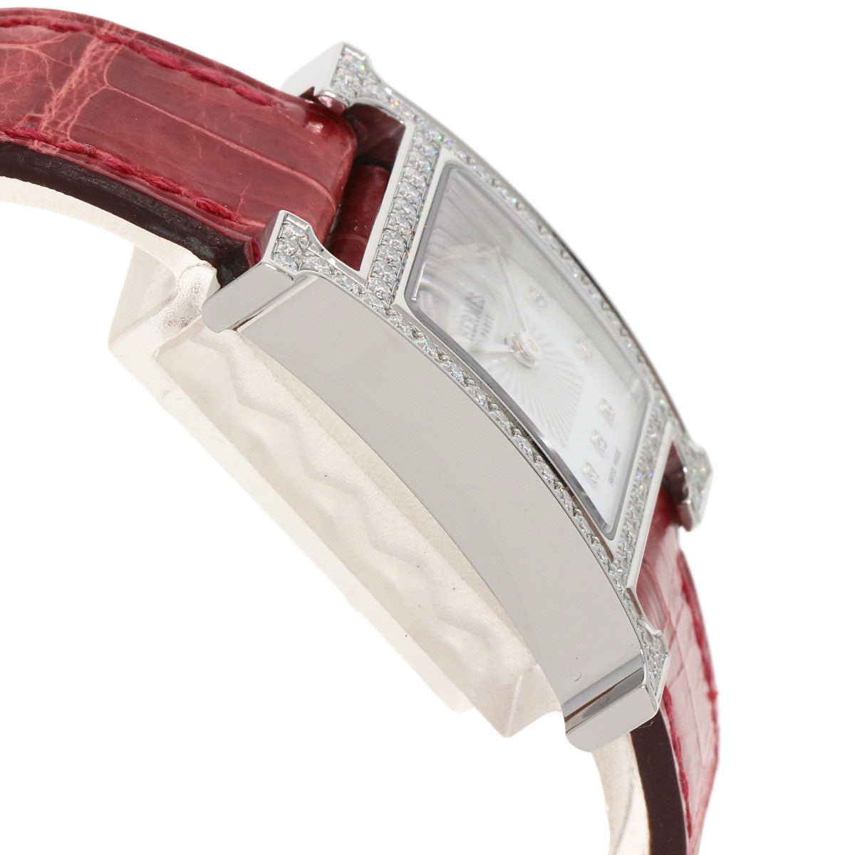 Hermes Watches Quartz Hh1.230 Stainless Steel, Leather Silver H Watch Bezel Diamond White Shell
