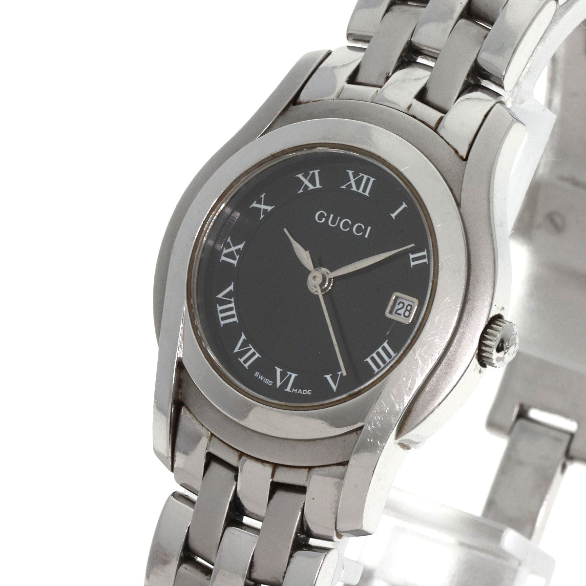 Gucci Watches Quartz 5500L Stainless Steel , Stainless Steel Silver Round Face Black Dial Women