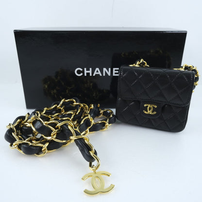 Chanel Waist Bag Lambskin Black Rare Vintage Micro Matrasse Chain Pochette Women