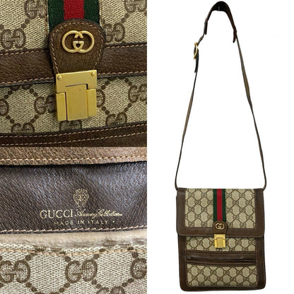 Gucci Shoulder Bag Leather, Pvc Brown Gg Logo Metal Sherry Line Women