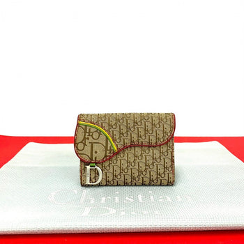 Dior Bifold Wallet Canvas, Leather Brown Trotter Pattern Logo Metal Saddle Women
