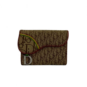 Dior Bifold Wallet Canvas, Leather Brown Trotter Pattern Logo Metal Saddle Women