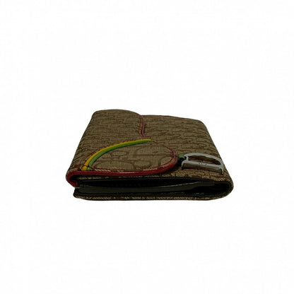Dior Bifold Wallet Canvas, Leather Brown Trotter Pattern Logo Metal Saddle Women