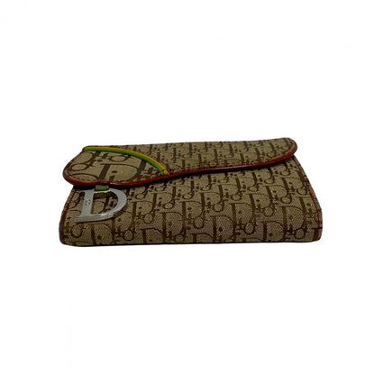 Dior Bifold Wallet Canvas, Leather Brown Trotter Pattern Logo Metal Saddle Women