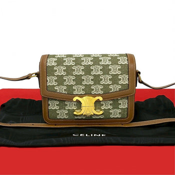 Celine Shoulder Bag Leather, Canvas Brown Logo Metal Teen Triomphe Women
