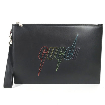 Gucci Clutch Bag 597678 Leather Black Bag Pouch Braid Embroidery Logo Unisex(Unisex)