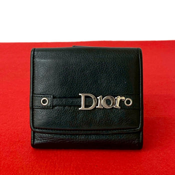 Dior Bifold Wallet Leather Black Logo Metal Mens