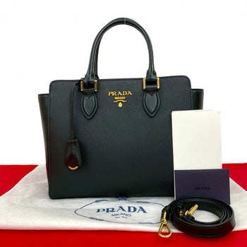 Prada Shoulder Bag Leather Black Logo Metal Galleria Women