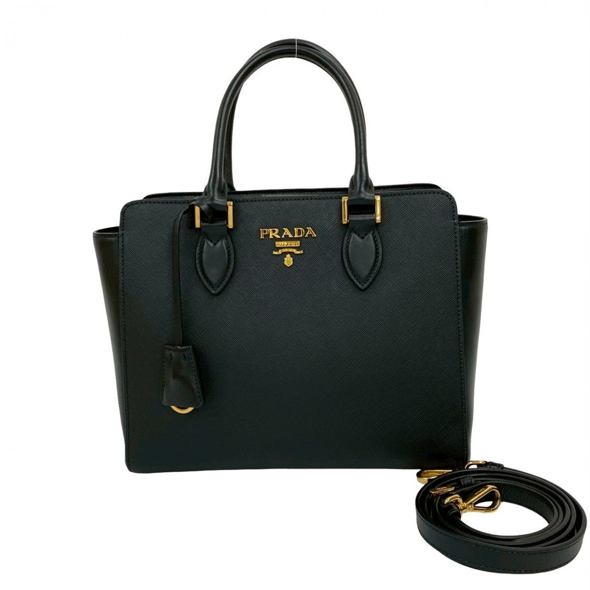 Prada Shoulder Bag Leather Black Logo Metal Galleria Women