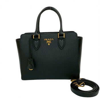 Prada Shoulder Bag Leather Black Logo Metal Galleria Women