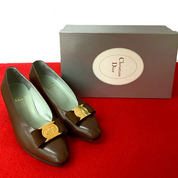 Dior Pumps Leather Brown Cd Logo Ribbon Women 5 1/2