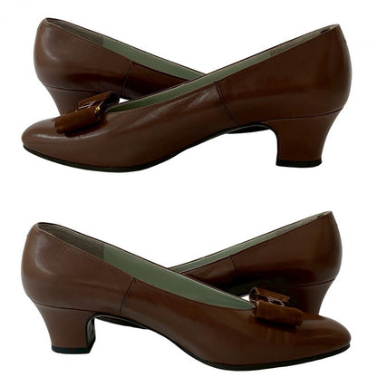 Dior Pumps Leather Brown Cd Logo Ribbon Women 5 1/2