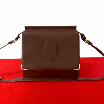 Cartier Shoulder Bag Leather Wine-Red Must Line Women