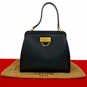 Celine Handbag Leather Navy Double Face Gancini Metal Women